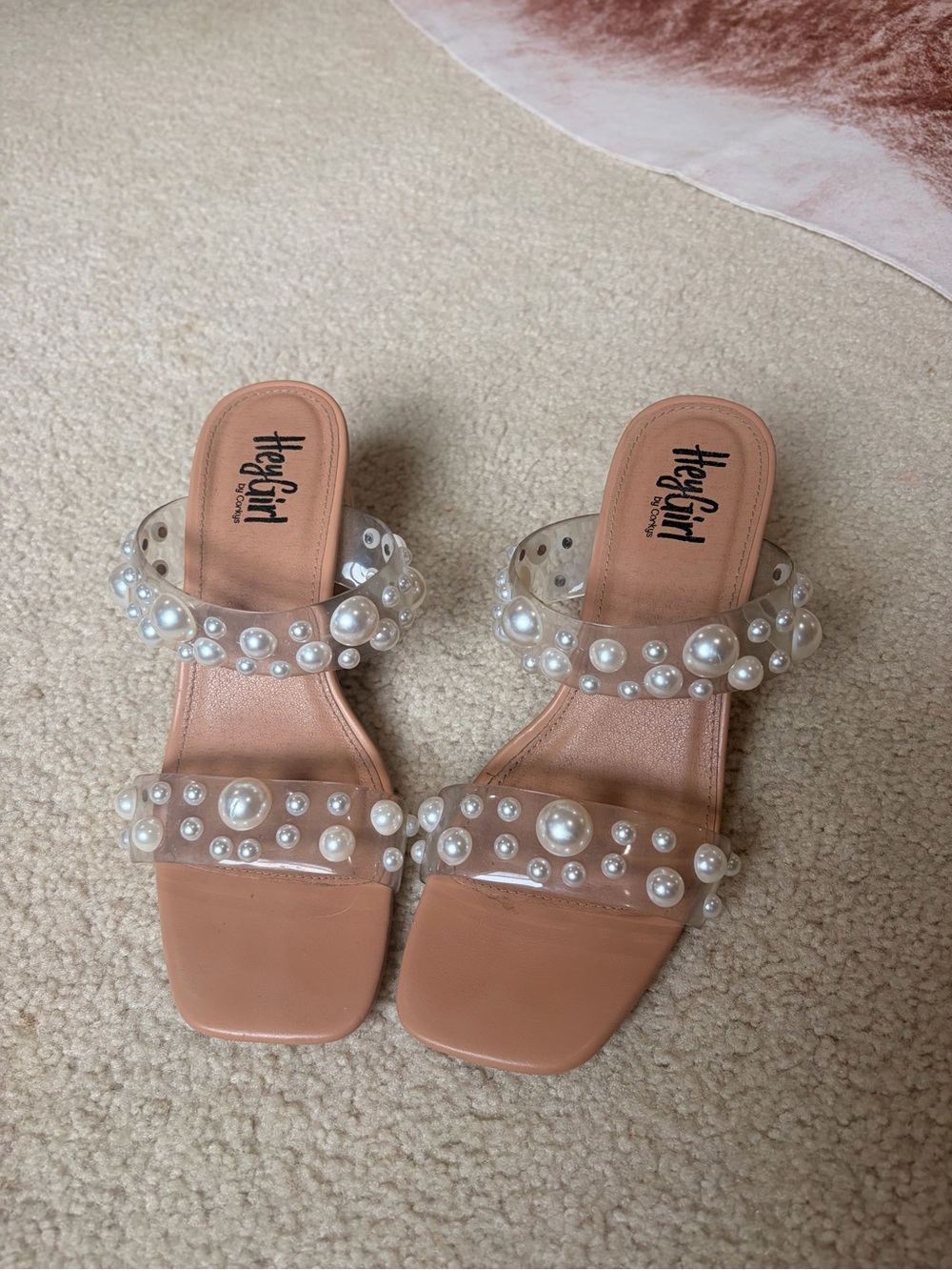 TheyGirl Pearl-Embellished Nude Slide Heels